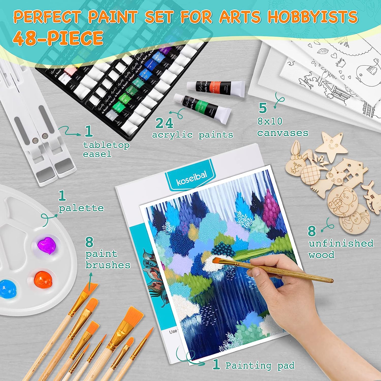 Acrylic Paint Set for Kids, Art Painting Supplies Kit with 12 Paints, 5 Canvas Panels, 8 Brushes, Table Easel, Etc, Premium Paint Set for Students, Artists and Beginner. - Image 2
